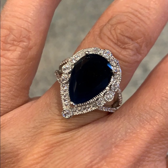 Blue 4ct Pear Sterling Silver Engagement Ring sz 9 - Picture 3 of 9